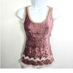 Vintage Y2K Anti-Flirt Paris Velvet Lace Tank Top Pink Embroidered Floral L
